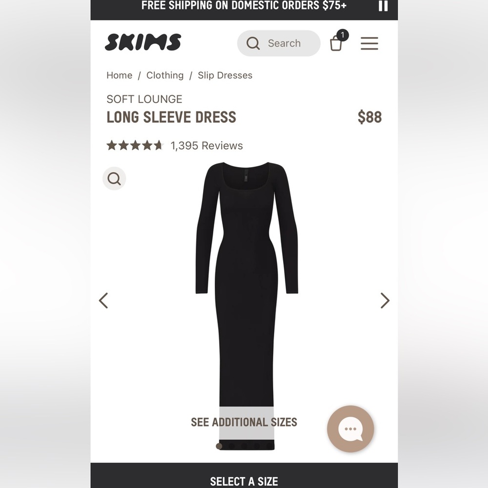 Nwt Skims long sleeve lounge dress black size small
